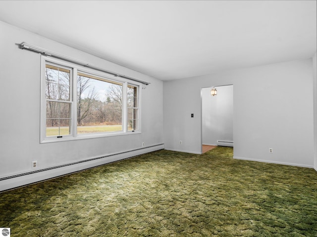 unfurnished room with carpet flooring, a baseboard heating unit, baseboards, and a baseboard radiator