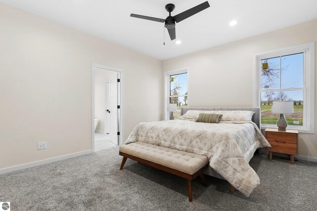 bedroom featuring a ceiling fan, recessed lighting, connected bathroom, carpet flooring, and baseboards