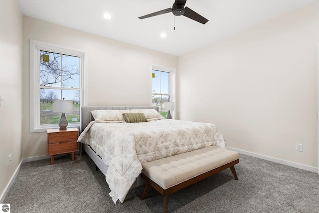 carpeted bedroom with a ceiling fan, recessed lighting, and baseboards