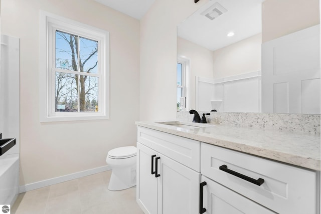 full bath with tile patterned floors, visible vents, toilet, baseboards, and vanity