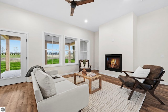 living room featuring a wealth of natural light, baseboards, a glass covered fireplace, and wood finished floors