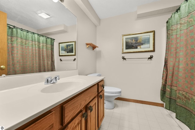 full bathroom with baseboards, toilet, and vanity