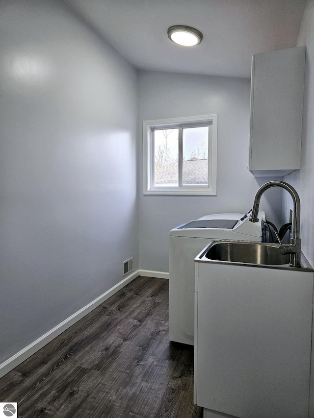 laundry area with a sink, visible vents, baseboards, and dark wood-type flooring