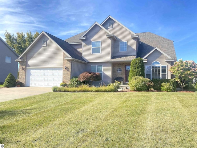 view of front of home with a front lawn, concrete driveway, an attached garage, a shingled roof, and brick siding