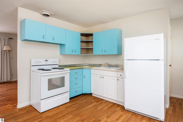 kitchen featuring blue cabinetry, white appliances, open shelves, and a sink