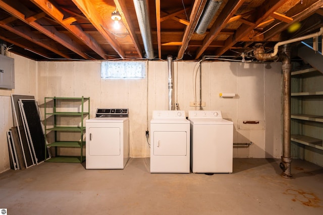 below grade area with washer and clothes dryer and electric panel