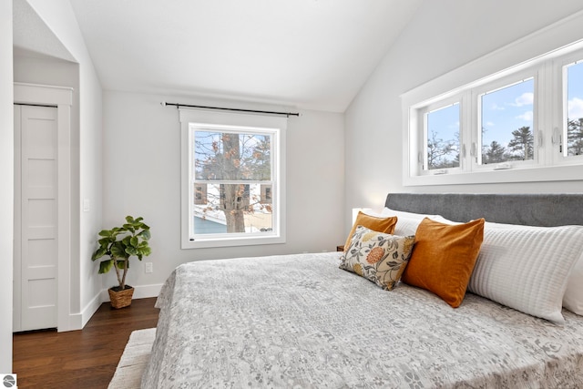 bedroom featuring baseboards, dark wood finished floors, and vaulted ceiling