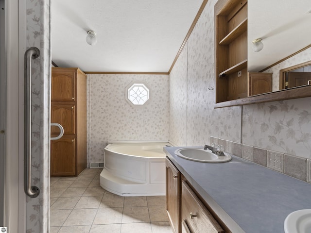 full bathroom featuring a garden tub, ornamental molding, tile patterned flooring, and wallpapered walls