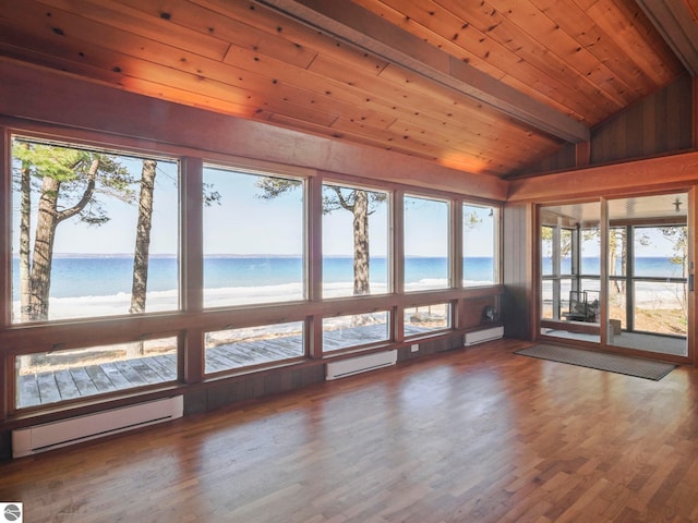 unfurnished sunroom featuring vaulted ceiling with beams, wood ceiling, and a baseboard radiator