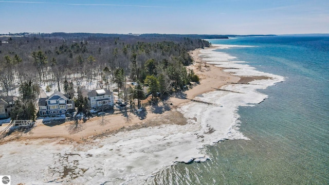 aerial view with a water view and a view of the beach