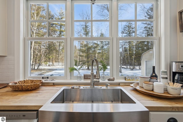 details featuring a sink, dishwashing machine, and butcher block countertops