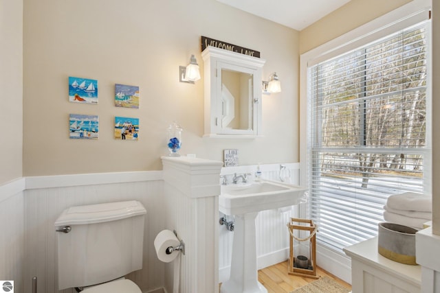 half bathroom with a sink, wainscoting, toilet, and wood finished floors