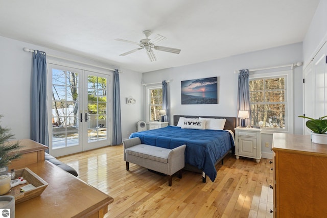 bedroom with french doors, light wood finished floors, a ceiling fan, and access to outside