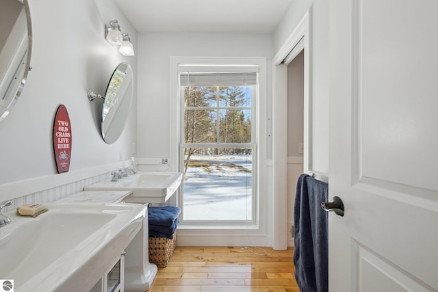 bathroom featuring hardwood / wood-style flooring, a healthy amount of sunlight, and a sink