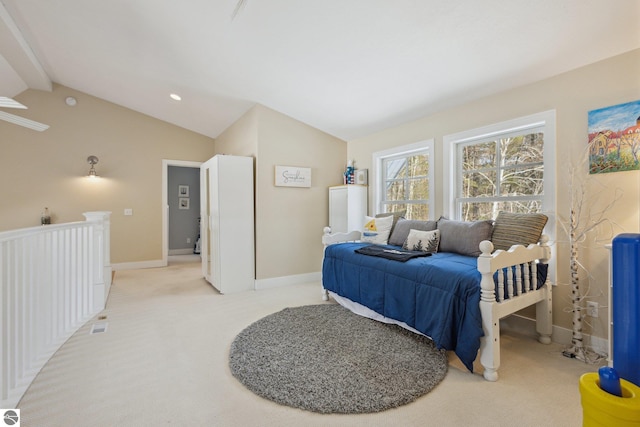 bedroom featuring visible vents, light colored carpet, baseboards, and lofted ceiling