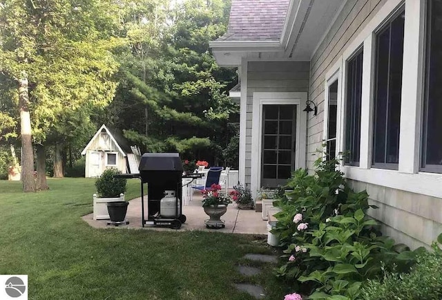 view of yard with a patio, an outbuilding, and a shed