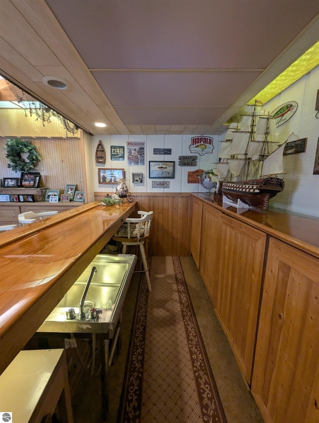 bar featuring indoor bar, a wainscoted wall, and wooden walls