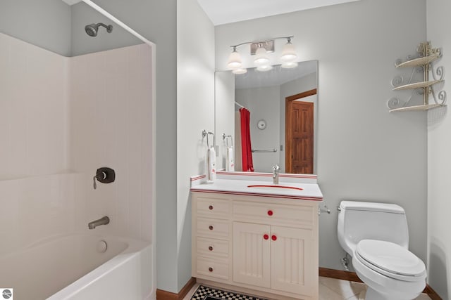 full bathroom featuring tile patterned flooring, baseboards, toilet, shower / bathing tub combination, and vanity