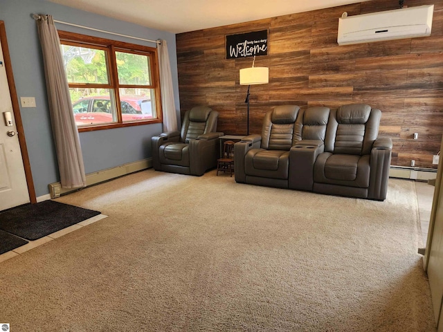 cinema room featuring baseboard heating, wood walls, a wall mounted air conditioner, and carpet floors