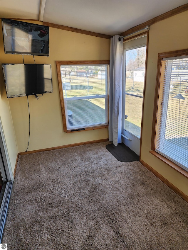 spare room featuring carpet, baseboards, and ornamental molding