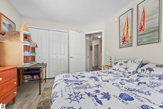 bedroom with wood finished floors and a closet