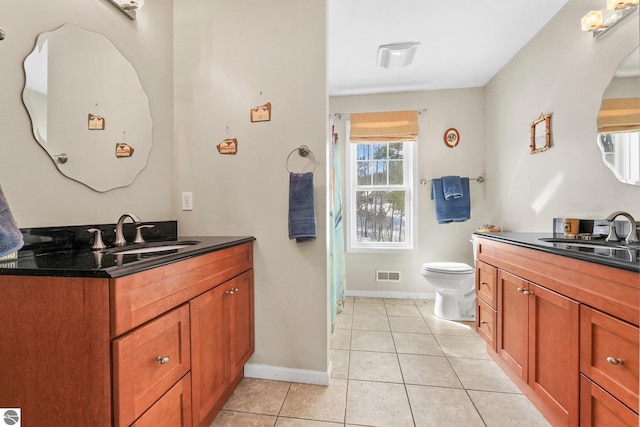 bathroom featuring visible vents, baseboards, toilet, tile patterned floors, and vanity