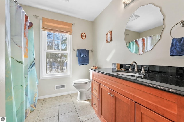 full bathroom with tile patterned floors, visible vents, toilet, baseboards, and vanity