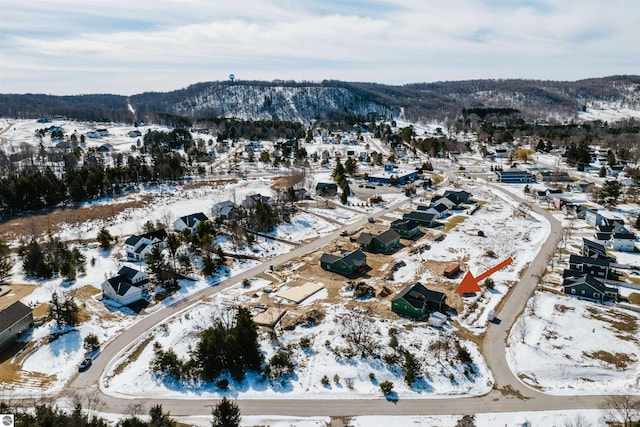 snowy aerial view with a mountain view