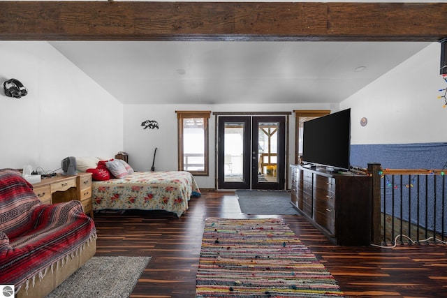 bedroom with access to exterior, beam ceiling, french doors, and dark wood-style flooring