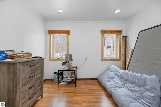 bedroom featuring recessed lighting, baseboards, light wood-style flooring, and ornamental molding