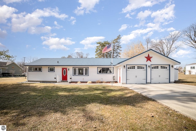 single story home featuring concrete driveway, an attached garage, a front lawn, and metal roof