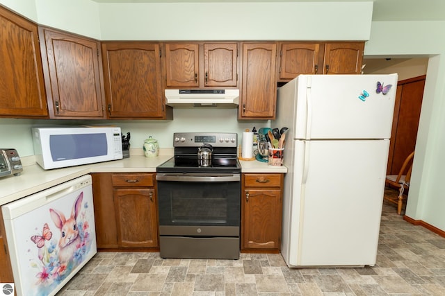 kitchen with under cabinet range hood, brown cabinets, white appliances, and light countertops