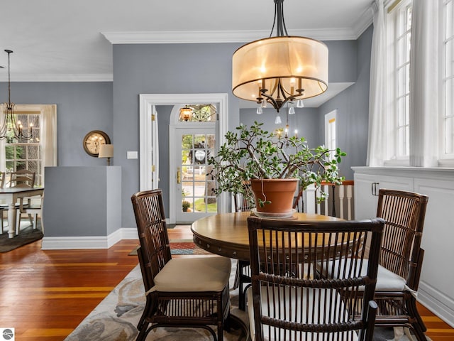 dining space with plenty of natural light, an inviting chandelier, wood finished floors, and crown molding