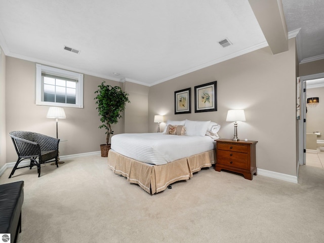 bedroom featuring visible vents, baseboards, and light colored carpet