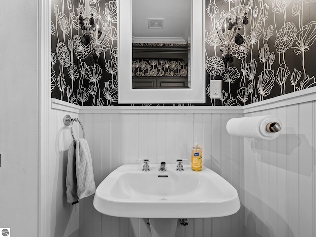 bathroom featuring crown molding, a wainscoted wall, and a sink