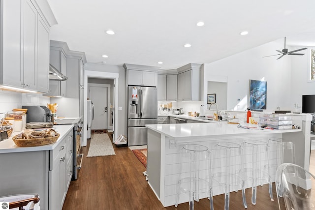 kitchen featuring gray cabinets, a sink, dark wood-style floors, stainless steel appliances, and light countertops