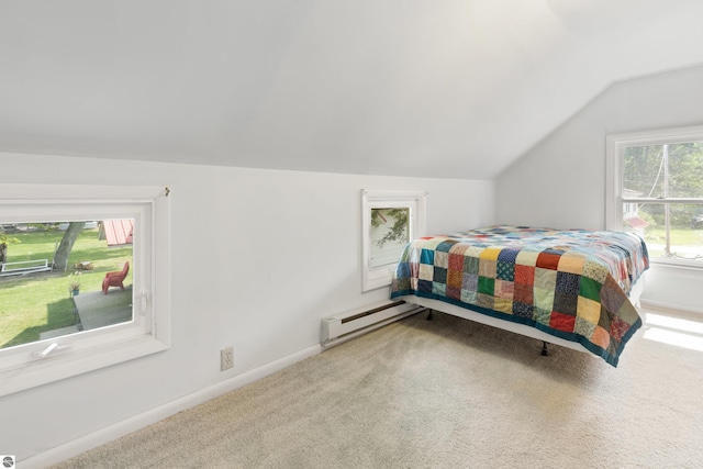 bedroom featuring carpet flooring, lofted ceiling, baseboards, and a baseboard radiator