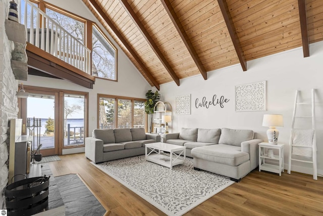 living room with high vaulted ceiling, beamed ceiling, wood ceiling, and wood finished floors