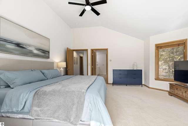 bedroom with light carpet, baseboards, lofted ceiling, and a ceiling fan