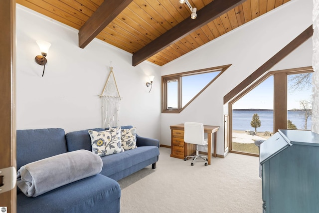 living area featuring lofted ceiling with beams, a water view, light carpet, and wooden ceiling