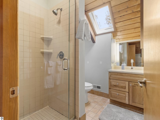 bathroom with visible vents, a shower stall, toilet, a skylight, and vanity