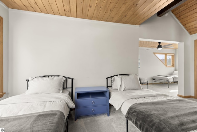 bedroom with baseboards, wood ceiling, lofted ceiling with beams, and carpet