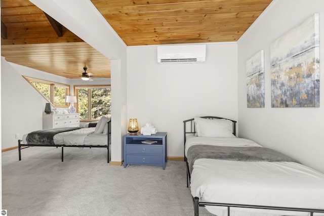 bedroom with wooden ceiling, carpet, baseboards, and a wall mounted AC