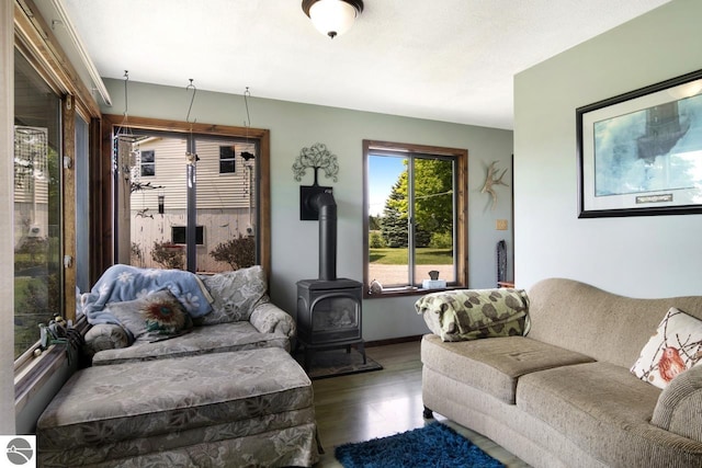 living room featuring a wood stove, baseboards, and wood finished floors