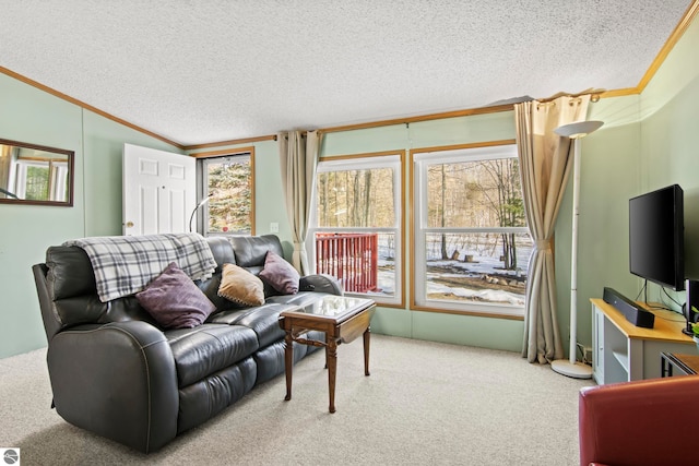 carpeted living area with ornamental molding, a healthy amount of sunlight, and vaulted ceiling