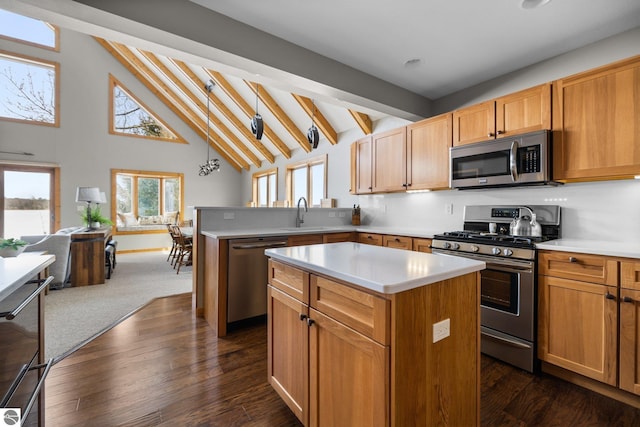 kitchen featuring a peninsula, light countertops, open floor plan, and appliances with stainless steel finishes