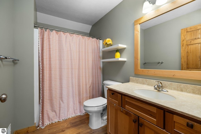 full bath featuring curtained shower, toilet, wood finished floors, and vanity