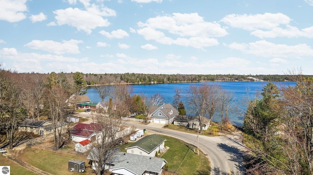 drone / aerial view with a view of trees and a water view