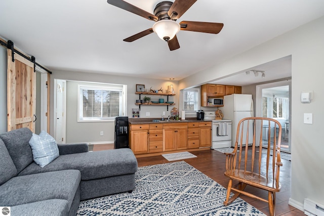 living room featuring a wealth of natural light, a baseboard radiator, a barn door, and baseboards