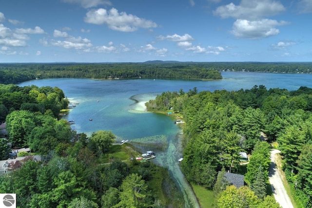 birds eye view of property featuring a forest view and a water view